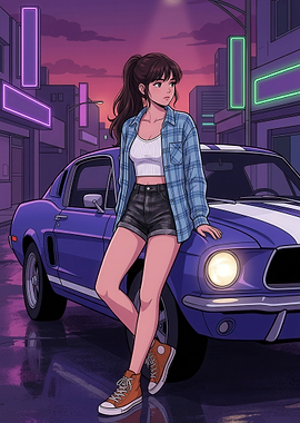 Anime Girl Leaning on Muscle Car