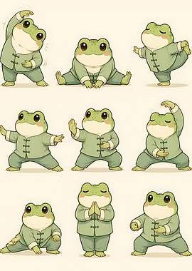 Cute Frogs Practicing Tai Chi