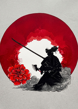 Samurai Silhouette with Red Flower