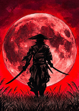Samurai Silhouette Under Red Moon