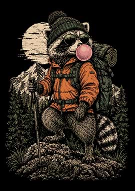 Cool Hiking Raccoon with Bubblegum