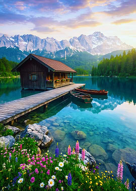 Alpine Lake Cabin at Sunset