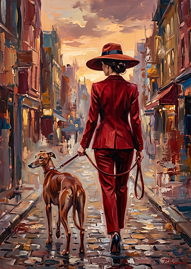 Elegant Woman Walking Greyhound in City