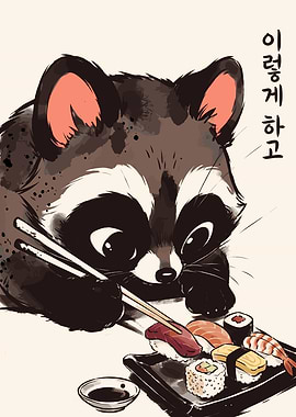 Cute Raccoon Eating Sushi