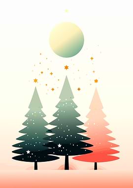 Minimalist Christmas Trees and Moon
