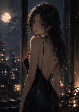 Woman in Black Dress at Night