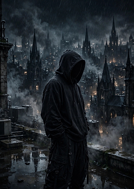 Hooded Figure in Gothic Cityscape