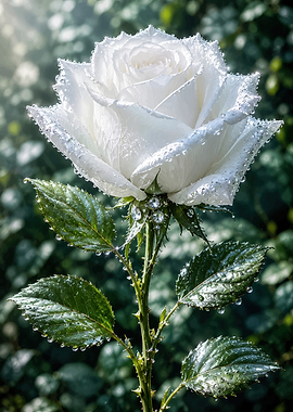 Dew-Covered White Rose with Diamonds