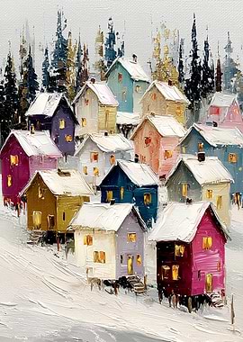 Colorful Winter Village Oil Painting