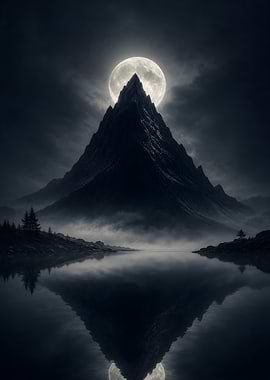 Moonlit Mountain Peak Over Lake