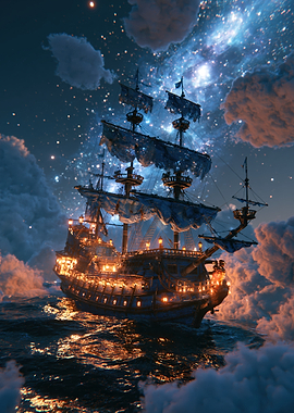 Galleon Sailing Through Celestial Clouds