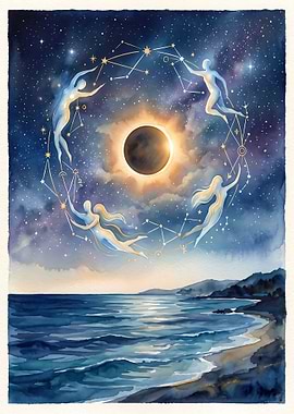 Celestial Figures Dancing Under Solar Eclipse