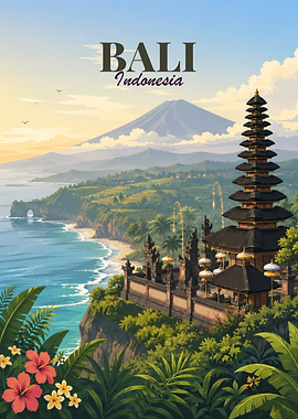Bali Indonesia Tropical Temple Travel Poster