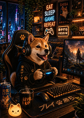 Shiba Inu Gamer in Neon Room