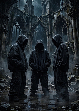 Three Hooded Figures in Gothic Ruins