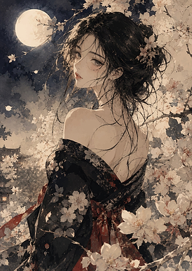 Woman in Kimono Under Moonlight