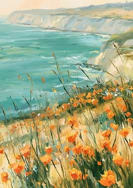 California Poppy Field Coastal Painting