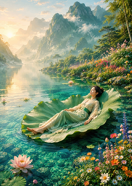 Woman Resting on Giant Lotus Leaf