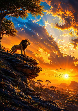 Majestic Lion Overlooking African Savannah