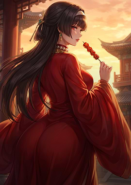 Anime Girl in Traditional Red Hanfu