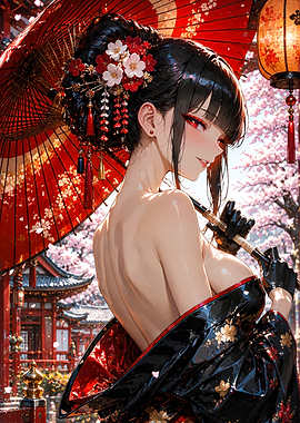Elegant Anime Woman with Red Umbrella