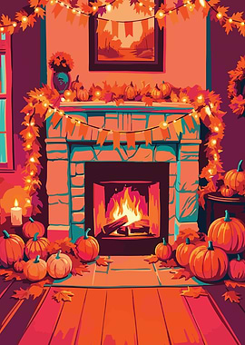 Cozy Autumn Fireplace with Pumpkins