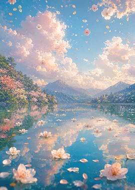 Cherry Blossoms Falling Over Serene Lake