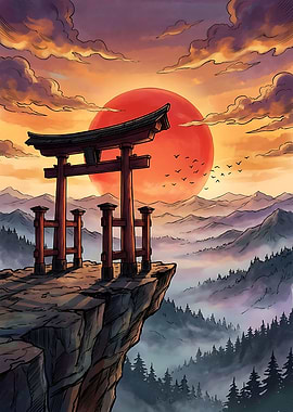 Torii Gate Overlooking Misty Mountains