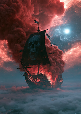 Ghost Pirate Ship in Red Clouds