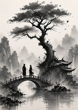 Couple on Bridge in Misty Landscape