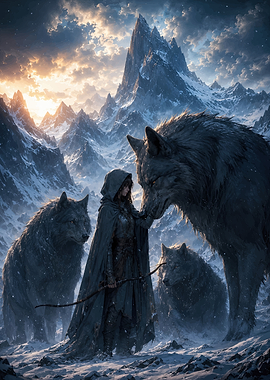 Archer with Wolves in Snowy Mountains
