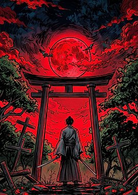 Samurai Standing Before Red Moon Gate