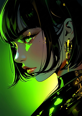 Retro Cyberpunk Neon Green Anime Girl Portrait