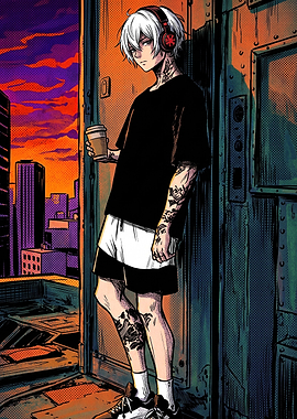 Anime Boy with Tattoos and Headphones
