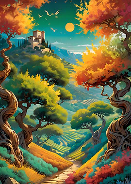 Enchanted Tuscan Landscape at Sunset