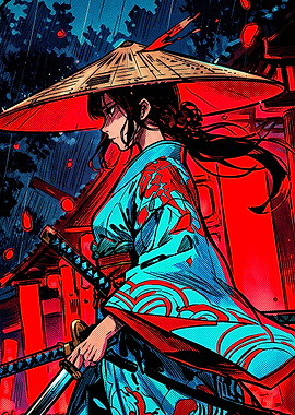 Anime Samurai Girl in Rain