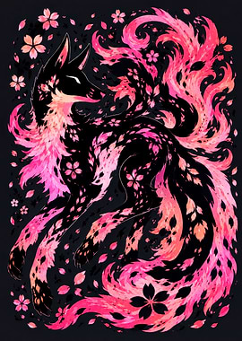 Cherry Blossom Kitsune Fox Illustration