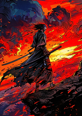 Samurai Warrior in Fiery Landscape