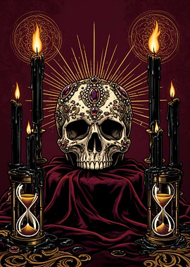 Jeweled Skull with Candles and Hourglasses