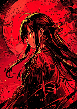 Anime Girl Under Red Moon