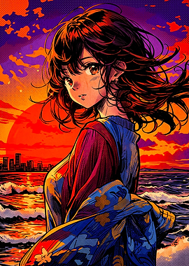 Anime Girl at Sunset Beach