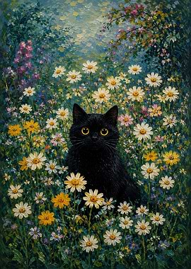 Black Cat in Daisy Field