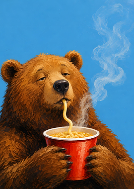 Brown Bear Eating Ramen Noodles