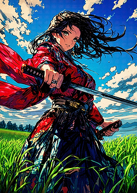 Samurai Woman in Red Kimono