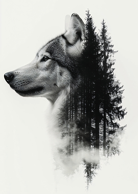 Double Exposure Wolf and Forest