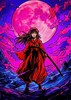 Samurai Woman Under Red Moon