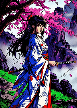 Samurai Woman Under Cherry Blossoms