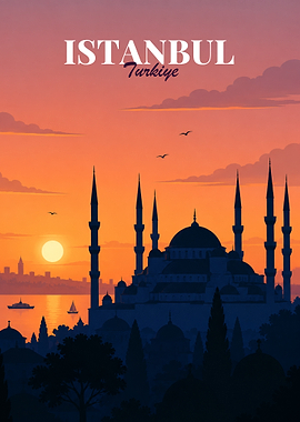 Istanbul Turkey Sunset Travel Poster