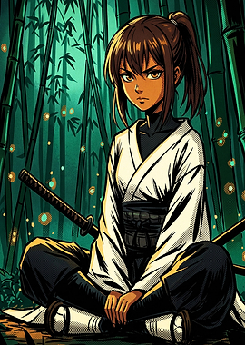 Anime Samurai Girl in Bamboo Forest