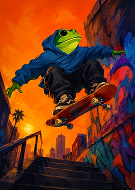Skateboarding Frog in Blue Hoodie